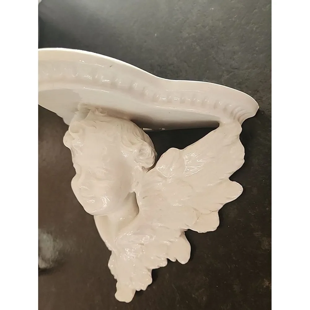 Beautiful ITALIAN pottery CHERUB ANGEL‎ Wall Hanging Shelf BRACKET white ceramic